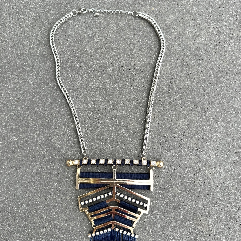 NORDSTROM statement necklace gold NAVY TASSELS silver rhinestones big bib long - Picture 7 of 9